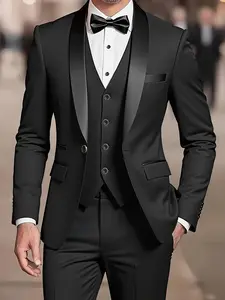 Men's 3pcs Suit - Slim Fit Tuxedo Set for Weddings & Formal Occasions, Black Suit with White Shirt & Pants, Perfect for Office Meetings and Events, Formal Attire, Business Suits Set, Durable Wedding Wear
