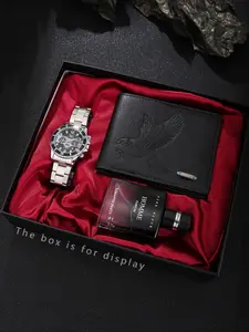 Men's Quartz Watch Gift Box Set, Steel Band Wristwatch, Eagle Totem Embossed Wallet, Men's Perfume, Elegant Business Style, Holiday Gifts