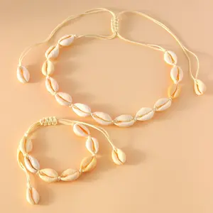 1 necklace +1 bracelet, Bohemian vacation-style shell woven necklace and bracelet, a fashionable, simple and individual women's jewelry set, adjustable in length