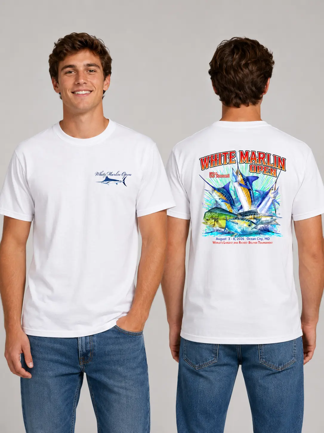 Men's Casual Shortsleeve White Marlin Open 2026 Fishing T-Shirt - Ocean City Tournament Graphic Tee, Seamless Menswear Fabric Sport Angler Top, Smooth