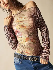Women's Y2K Style Patchwork Leopard Pattern Mesh Top, Slim-Fitting Transparent Design, Perfect for Daily Layering & Streetwear