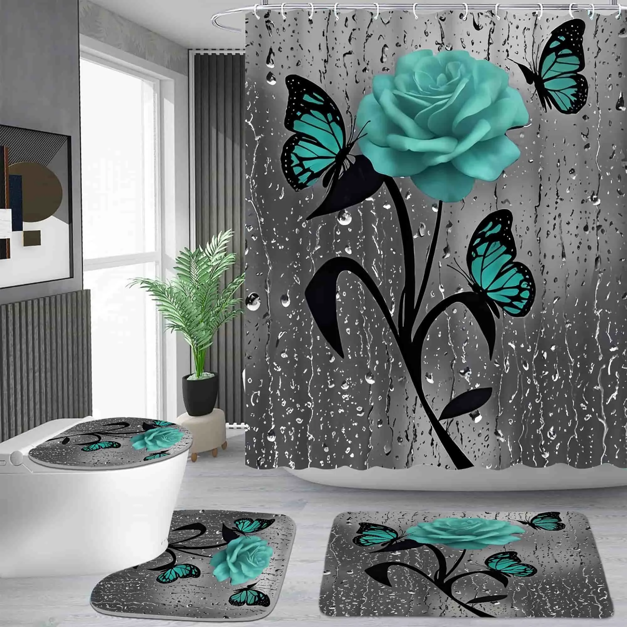 Gray background green rose butterfly pattern shower curtain set, waterproof shower curtain with 12 hooks, non-slip bathroom carpet, toilet U-shaped cushion, toilet seat cover cushion, bathroom shower curtain set, perfect moving gift.