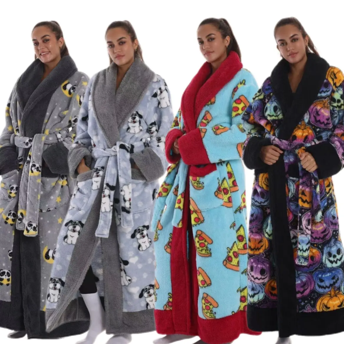 Cute Pizza Printed Plush Oversized Bathrobe with Pocket & Belt, Soft Comfortable Wearable Blanket for Home & Outside, Unisex Gift Available in 9 Colors, Loungewear