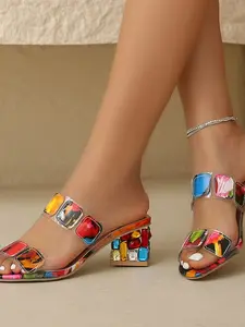 Summer New European Style Floral Fashion Women's Plus Size Open-Toe Thick Heel Rhinestone Sparkly Sandals, Trendy High-Heeled Slippers Footwear