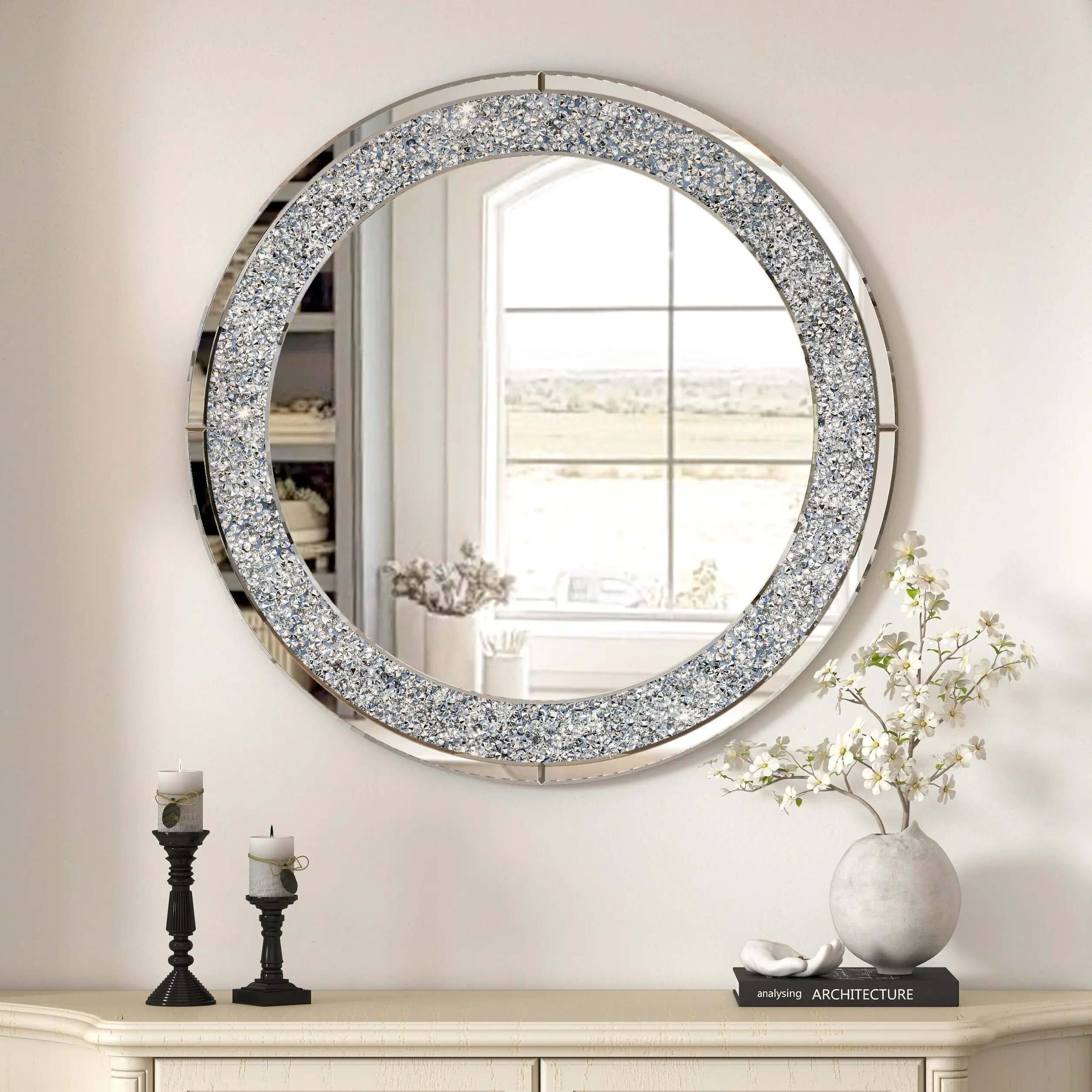 SHYFOY 32" Round Large Wall Mirror for Living Room Wall Decor- Diamond Decorative Mirrors for Wall Decor Crystal Silver Wall Decor, Modern Home Decor