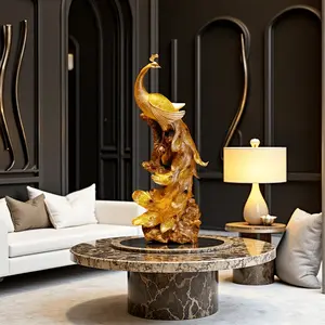 Extra Large Golden Peacock Statue - Elegant Standing Decor with Intricate Brown & Golden Feathers, Sturdy Base - Indoor/Outdoor Decoration for Home, Office, Cafe, Garden - Luxury Tabletop or Decor - Durable Resin - Modern or Traditional Dec