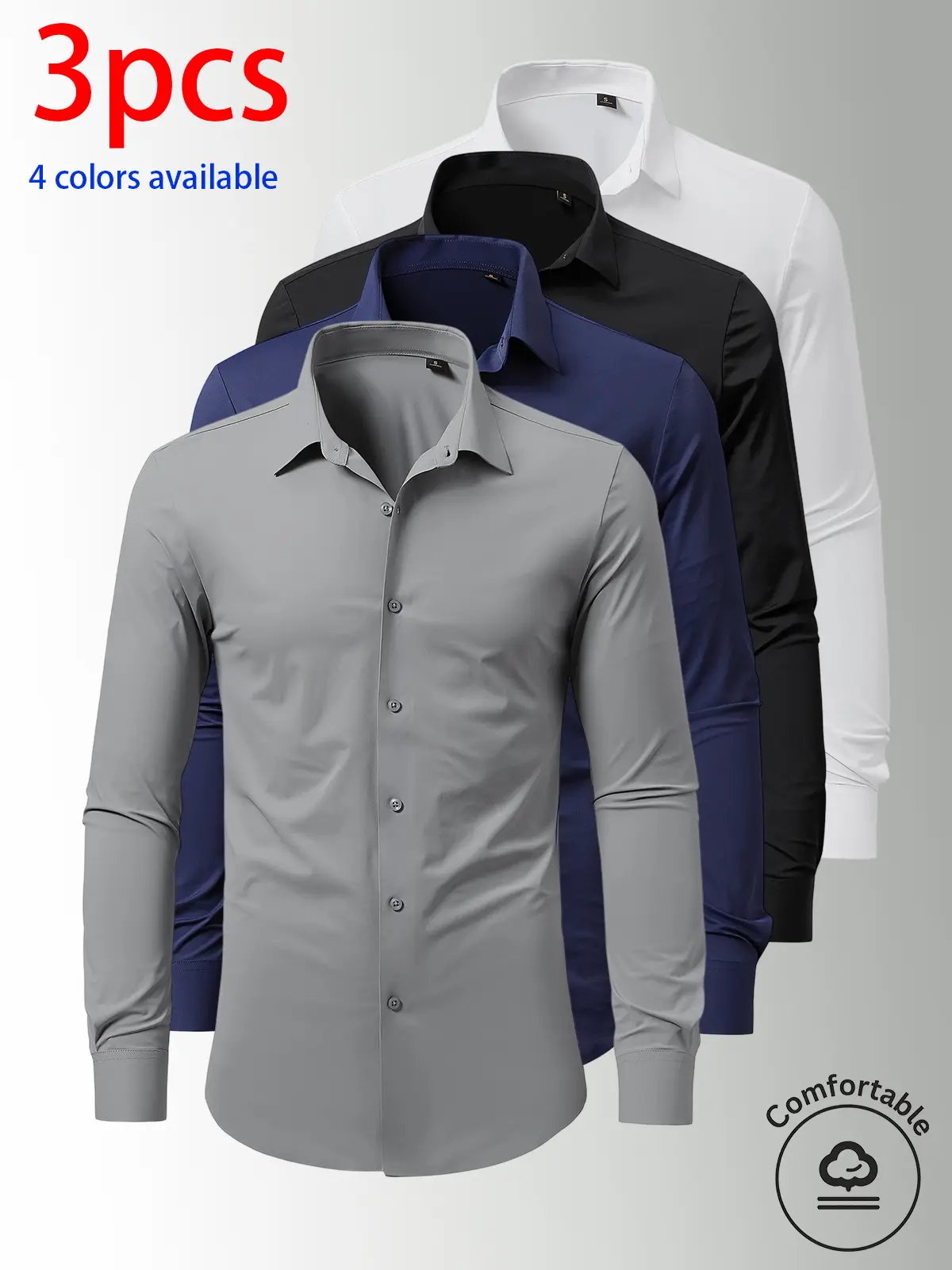 3-pack men’s long-sleeve shirts, men’s shirts, men’s long sleeves. Lightweight, breathable solid-color basic shirt made from nylon–elastane fabric. Available in four colors. Solid color is versatile—easy to match across styles. Suitable for everyday wear,