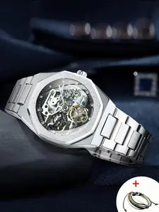 Men's Classic Business Rhinestone Decorated Analog Mechanical Watch, Fashion Watches for Men, Luminous Hands Watch for Party, Daily Clothing Decor, Trendy All-match & Exquisite Watch for Birthday Gift with Box, Mechanical Style Watches