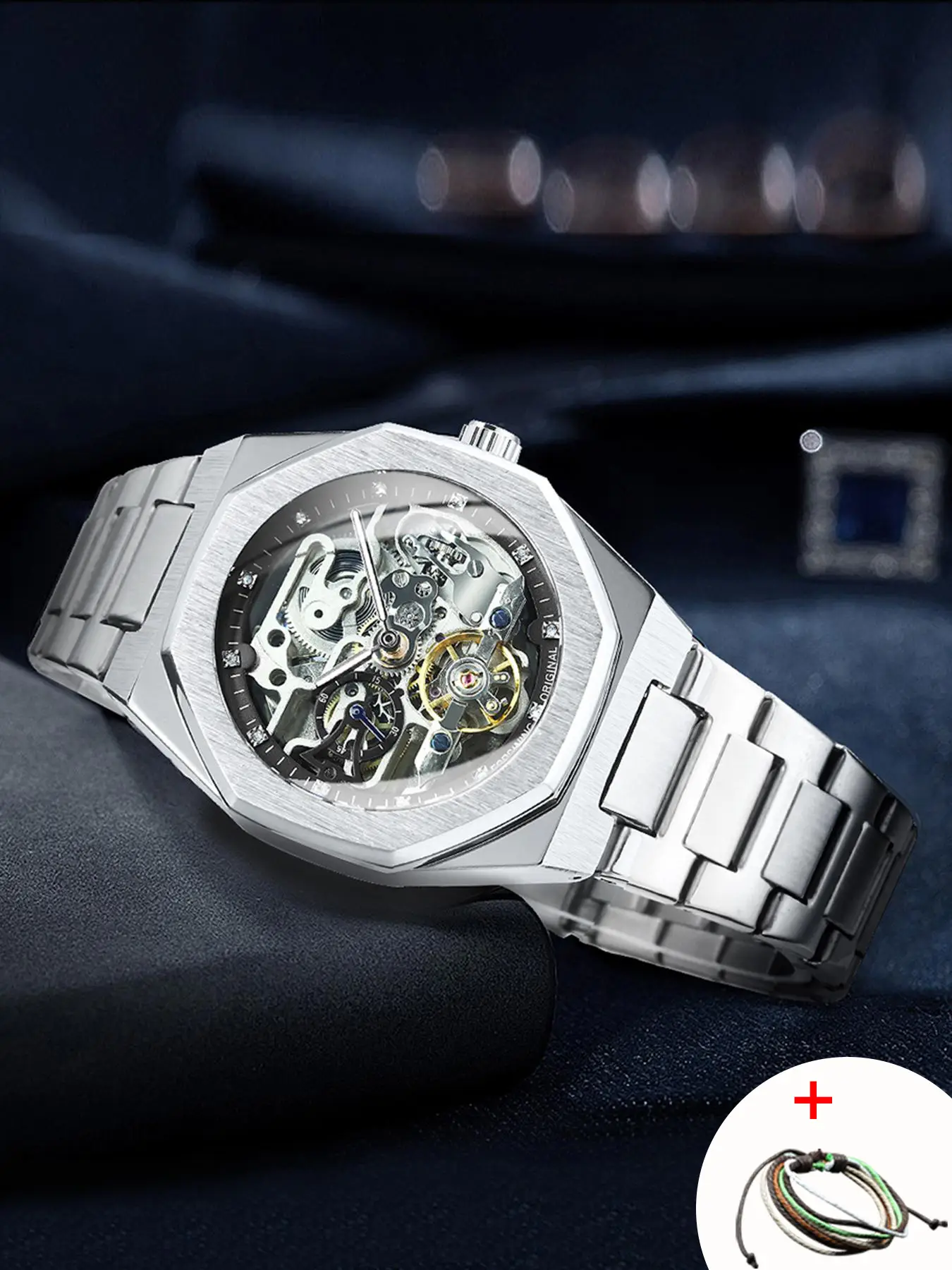 Men's Classic Business Rhinestone Decorated Analog Mechanical Watch, Fashion Watches for Men, Luminous Hands Watch for Party, Daily Clothing Decor, Tr