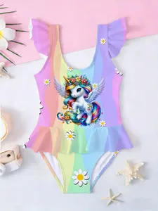 Girls' One-Piece Swimsuit, Swimwear, Rainbow Unicorn Print, Daisy Embellishment, Colorblock Flutter Sleeves, Pool Beach Style, Cute Fitted Jumpsuit