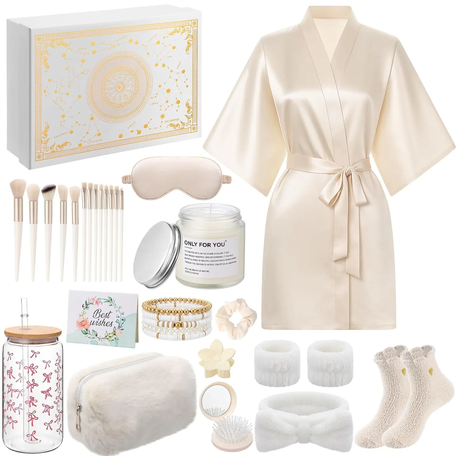 Shyyween Women's 15-Piece Classy Silk Home Spa Self Care Surprise Gifts Box - Satin Bath Robe, Fluffy Socks, Makeup Brushes, Scented Candle, 16oz Cup, Plastic Container, Clothing for Birthday, Graduation, Goodies Set, Self Care Products, Womens Gifts, Gf,