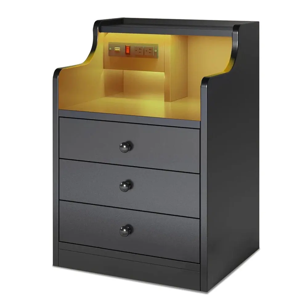 Sikaic Nightstand with Charging Station and LED Lights, Night Stand with Hutch, Bedside Table with Drawers for Bedroom Summerwins
