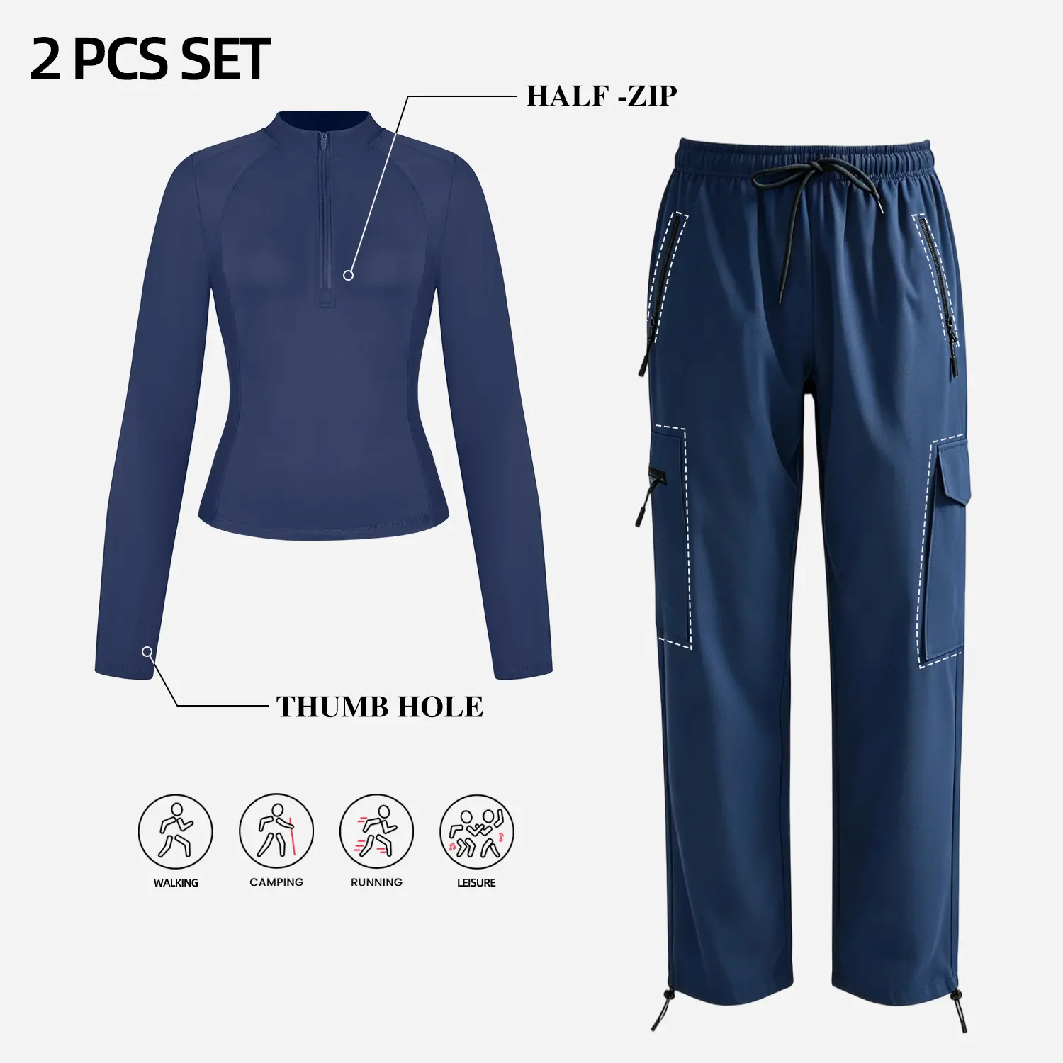 Women's 2 Piece Outfits Long Sleeve T Shirts half-zip and cargo pants with Pockets,Fall Fashion Basic Fall Lounge Set ,runing,hiking,Athleisure Workout Set