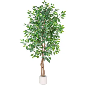 Romswi 5FT 6FT Artificial Ficus Tree with White Planter, Realistic Leaves, Natural Wood Trunk, Faux Greenry Plant, Indoor Home Office Decor