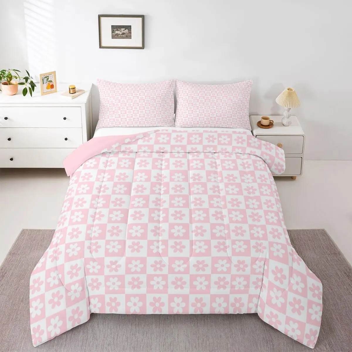 Pink Flower Comforter Set All Season Floral Boho Bedding Set 1 Plaid Grid Bedclothes Princess Decor Bedroom Decor Duvet Quilt Breathable Soft Lightweight
