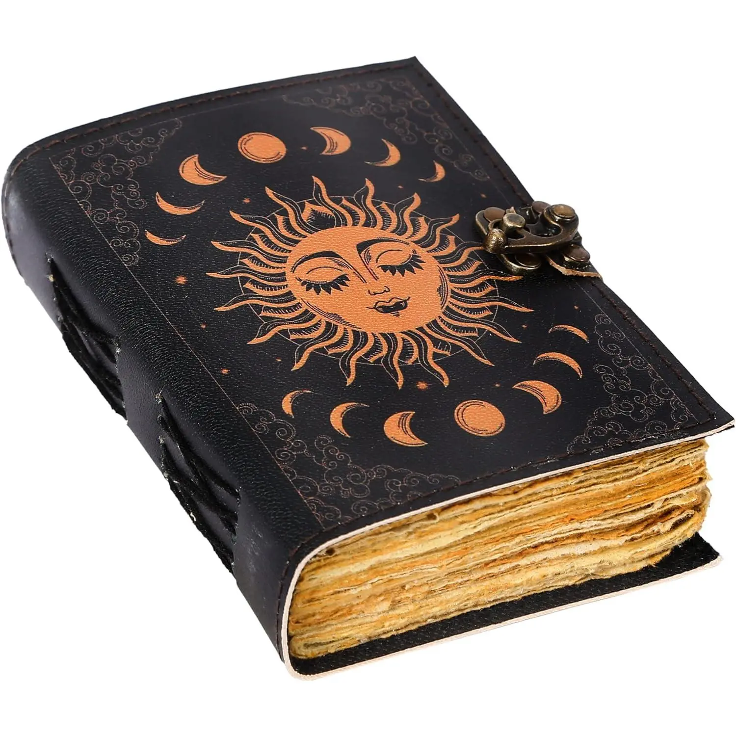 Sun & Moon  Leather Journal for Men & Women 200 Pages of Antique  Deckle Edge  Paper, Leather Sketchbook, Drawing Journal, Printed leather Journal,   (7x5)