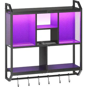 Gaming Floating Shelves with LED Lights, 28.7" LED Wall Mounted Shelf, 3-Tier Display Rack for Wall Storage, Floating Rack with Hanging Rod and 6 S-Hooks, for Gaming Room, Black BB70DBJ01