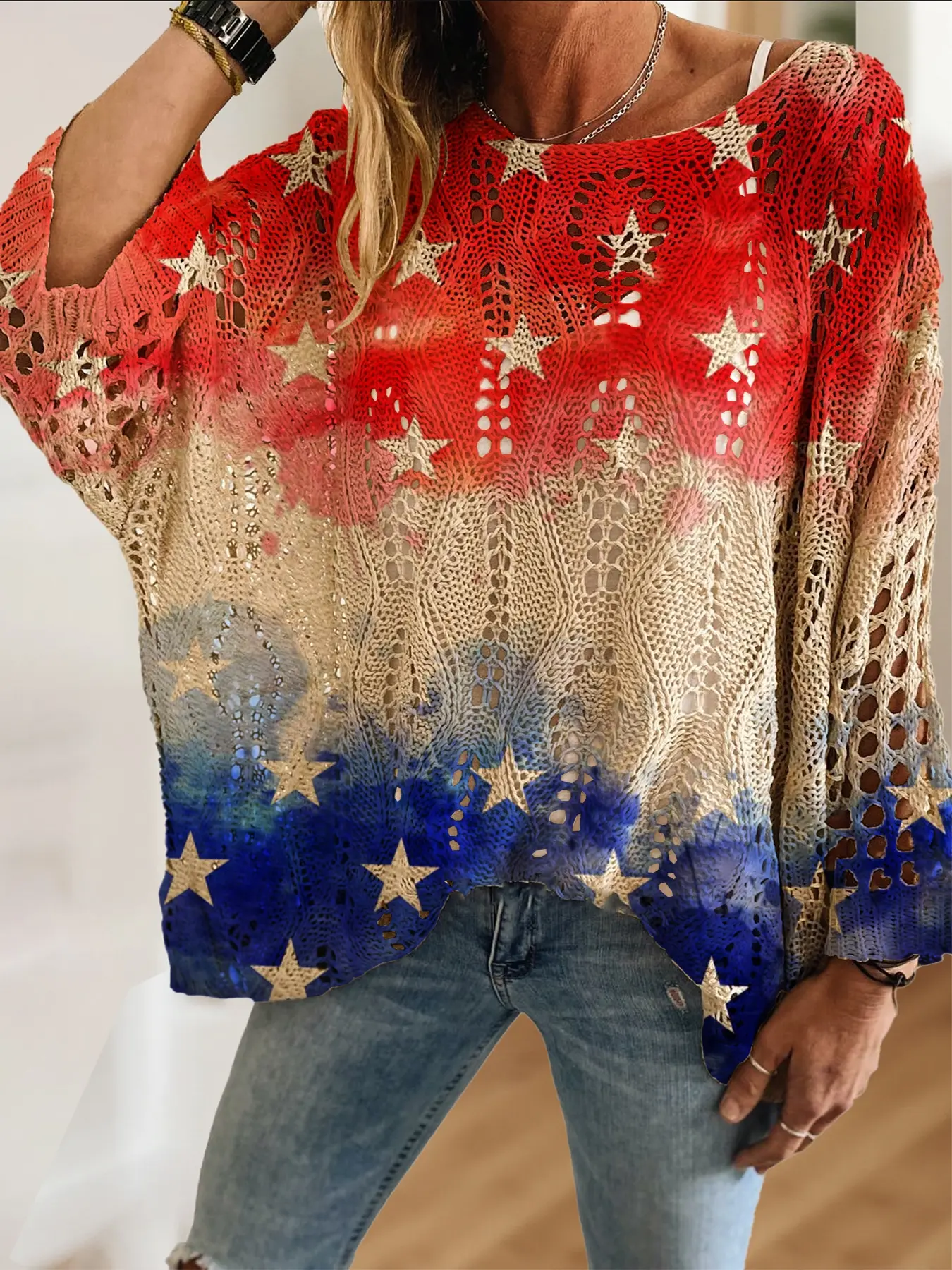 Women's Color-Changing Star Print Round Neck Long Sleeve Knit Top, Casual Elegant Vacation Style Sweater, Comfortable Breathable Women's Shirt