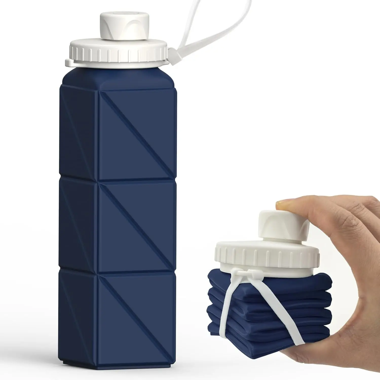 21oz Collapsible Silicone Water Bottle, BPA-Free Foldable Travel Water Bottle with Leakproof Lid, Reusable Lightweight Drinking Bottle for Hiking, Camping, Gym, School, Sports & Outdoor Activities, 610mL, Dark Blue
