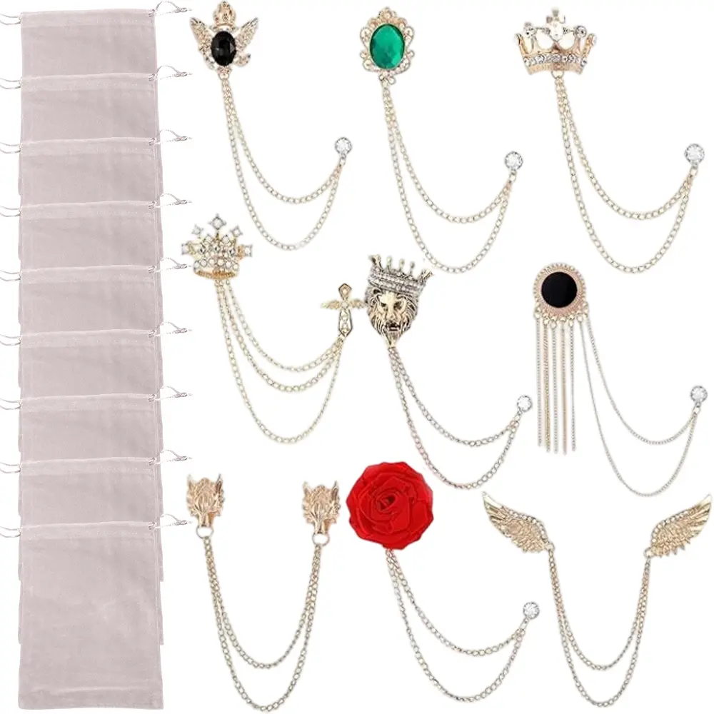 9Pcs Men's Crown Hanging Chain Brooch with Stone Detailing, Engraving, Metal Crystal, Suit Stud Lapel Pin, Vintage Rhinestone Breastpin Wedding Brooch Pin, Gold and Silver