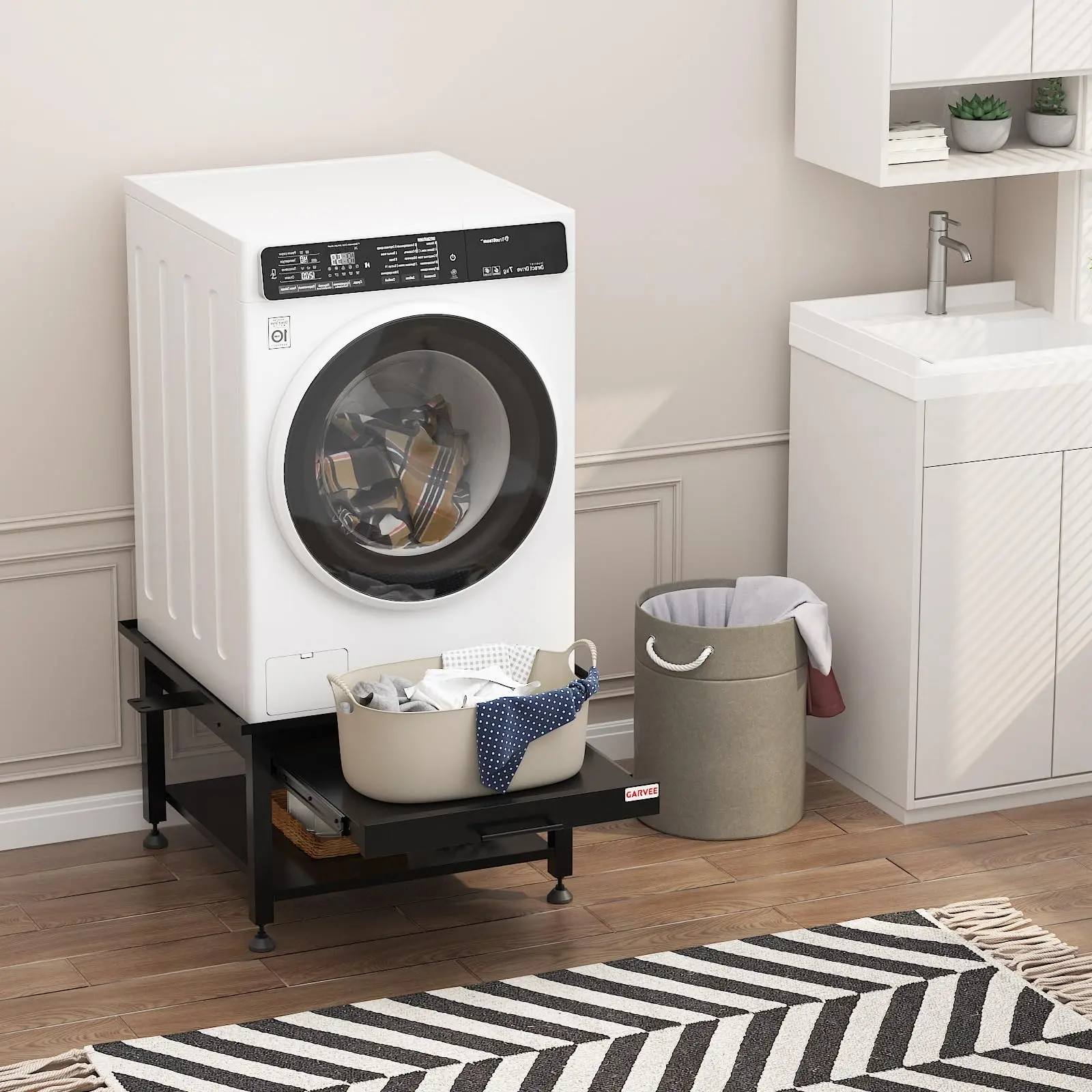 GARVEE Heavy Duty Laundry Pedestal Stand for Washer and Dryer - 27" Wide Metal Storage Rack, 16" High with Pull-Out or Basket Shelf, Anti-Vibration Pads, Drain Pan, Hose, 1000 lbs Capacity Home Organizer