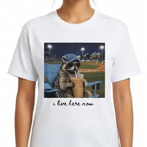 I Live Here Now Raccoon Shirt - Funny Ballpark Field Graphic Tee - Baseball Mama & Softball Mom Game Day Unisex T-Shirt
