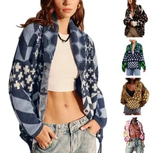 Women's Fall Argyle Knit Sweater Cardigan Oversized Y2K Graphic Button Down Collar Soft Breathable Fabric Adjustable Fit Street Style Casual Geometric Vneck Knitting Fitted Tops