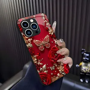 Red Rose Butterfly Phone Case compatible with iPhone 17/16/15/14/13/12/11 and Samsung Galaxy S25/S24/S23, elegant floral pearl-look cover for women — 975