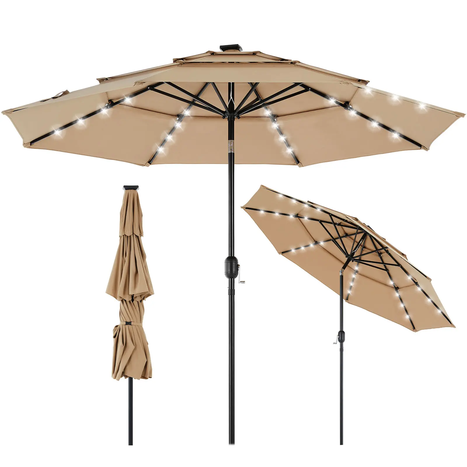 3-Tier Solar Patio Umbrella,32 LED Lighted Table Outdoor Umbrella with Tilt Adjustment, Easy Crank,Market Umbrella for Garden, Deck, Backyard, Pool and Beach,Light Brown