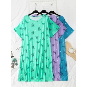 Plus Size Dinosaur Print Round Neck Pajamas, Women’s Casual Comfortable Short Sleeve Pajamas, Four-Season Women’s Pajamas, Home Wear GARMENTARY