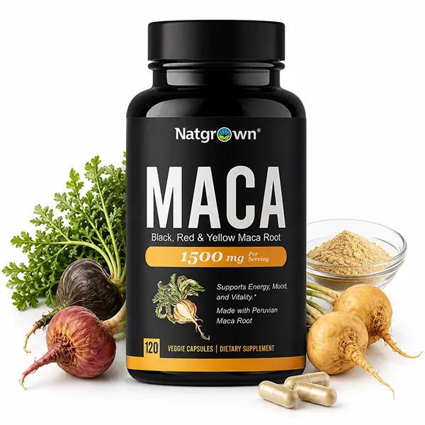 Organic Maca Root Capsules 1500mg, Black, Red & Yellow Gelatinized Peruvian Maca Powder, Daily Wellness Formula for Women & Men, Non-GMO, Gluten-Free, Vegan, 120 Capsules