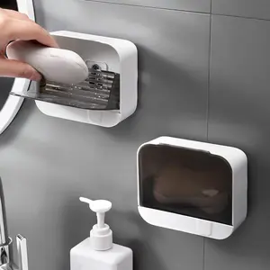 Wall Mounted Soap Dish, 1 Count Plastic Soap Bar Holder with Drain Tray, Soap Saver, Flip Lid Soap Storage Box, Bathroom Accessories, Bathroom Supplies, Home Goods