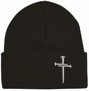 Christian Hats for Men Women Jesus 3 Nail Cross Winter Black or Navy Cuff/Beanie Knit Hat