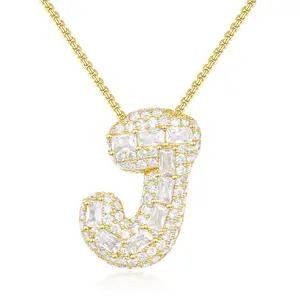 KissYan Bubble Letter Necklace, 14K Gold Plated Balloon Initial Pendant Necklace with Box Chain, Dainty Inlaid Square & Round CZ Pendant for Women Jewelry Gifts