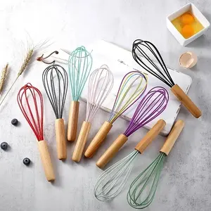 1pc 10 Inches Silicone Whisk With Wooden Handle, Cream Mixer, Manual Egg Beater, various colors
