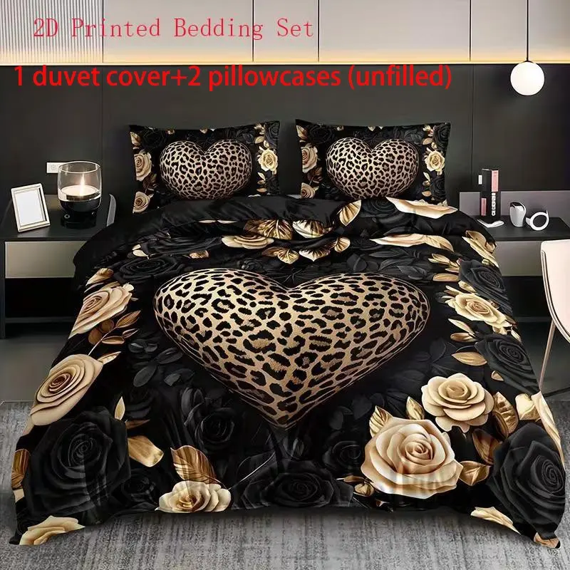 Leopard print heart-shaped flower Bedding 3-piece set, Printed bedding set, suitable for bedrooms and guest rooms, including 2 pillowcases and 1 duvet cover (unfilled) polyester, suitable for all seasons