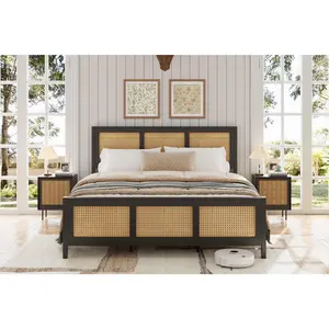Garvee Boho Rattan Bed Frame with Cane Headboard King Queen Full Sizes Durable Metal Slats Noise-Free Design No Box Spring Needed Contemporary Modern Bedroom Furniture Black White