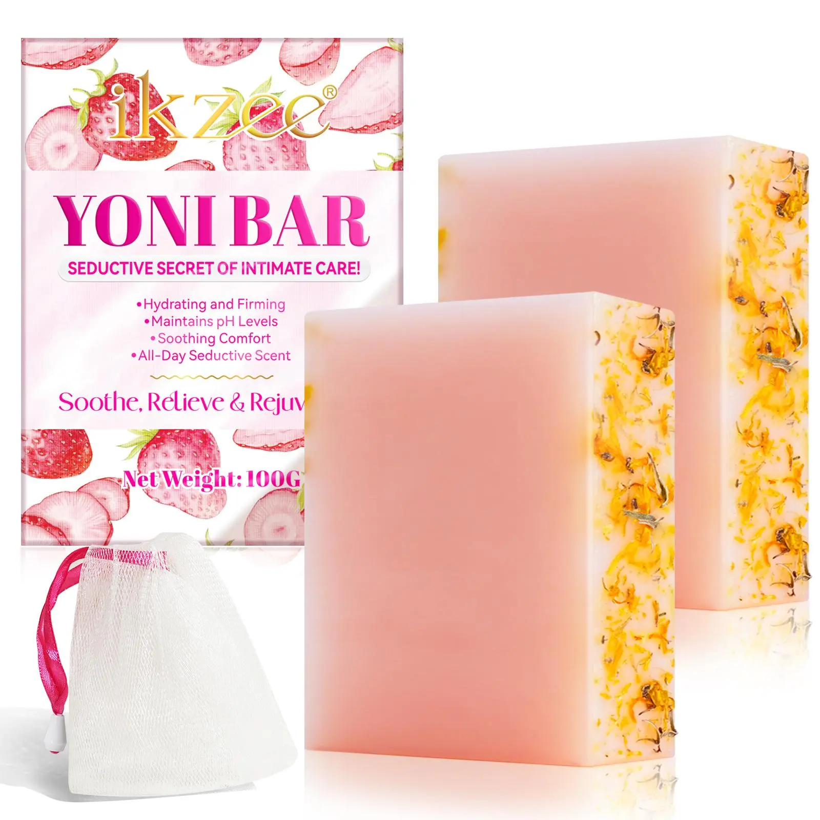 Ikzee Strawberry Scented Soap 100g, Ph Balanced Formula, Rich Foam, Includes Bubble Net, Gentle Cleansing for Women, Feminine Hygiene Product, 1 Box