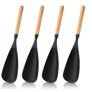 4-Piece 12-Inch Silicone Cooking Spoon Set - Heat-Resistant Kitchen Tools with Wooden Handle for Nonstick Pans, Stirring/Serving/Scraping Multipurpose Spoon Set - Black