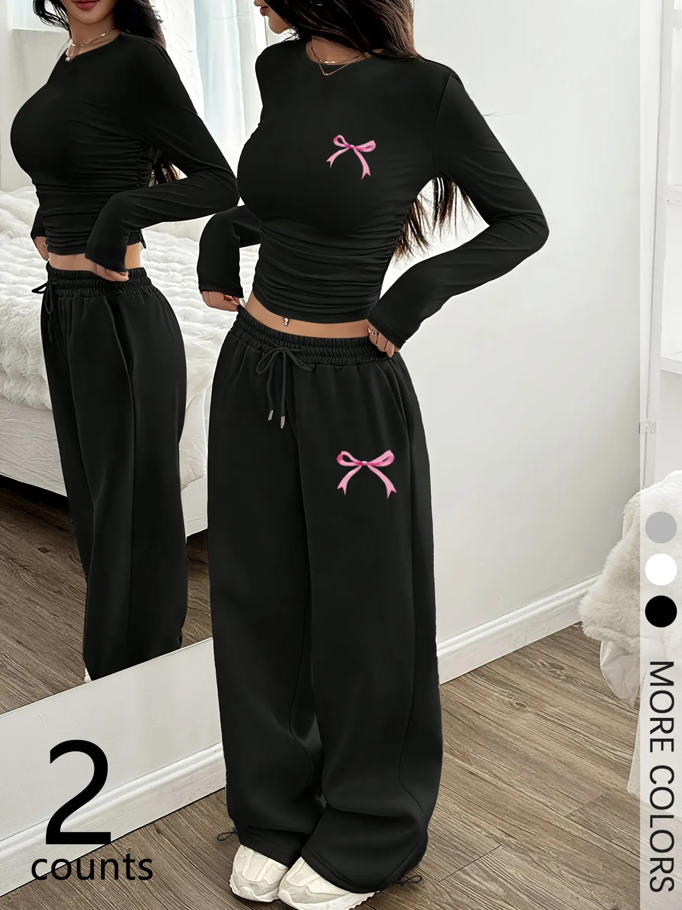 Two-Piece Set Women's Bowknot And Butterfly Print Fitted Round Neck T-shirt And Pants, Clothes Set Casual Fashion Suit Outfit for Fall & Winter, Women's Long Sleeve Suit for Daily Wear Everyday Womenswear