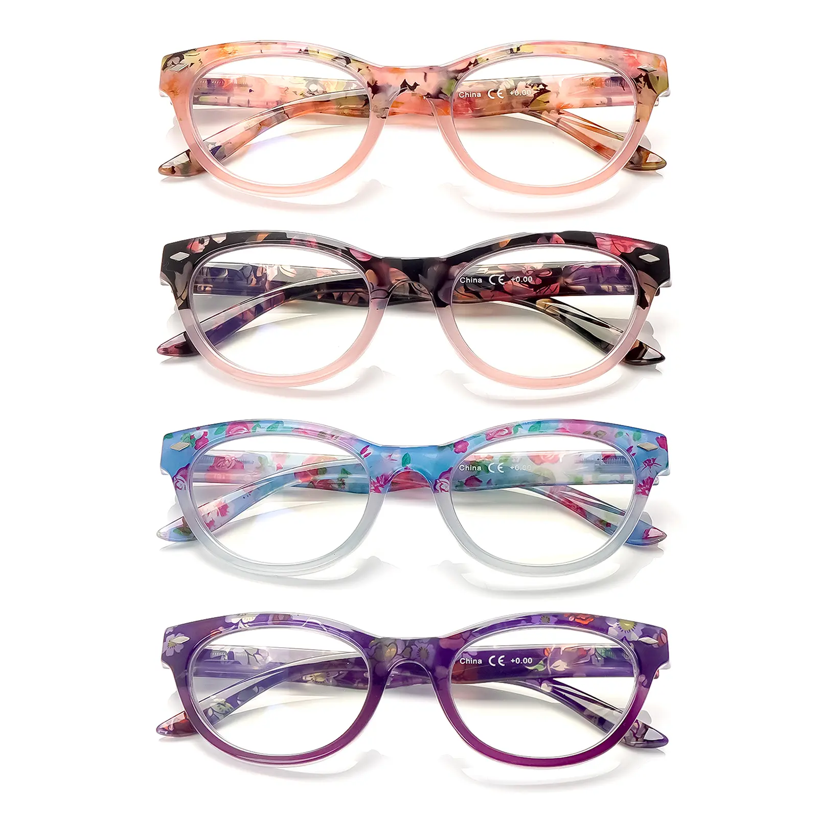 4 Pack Womens Reading Glasses Blue Light Blocking Floral Pattern Spring Hinge HD Lenses Lightweight Readers Eyeglasses Mix Color Daily Clear