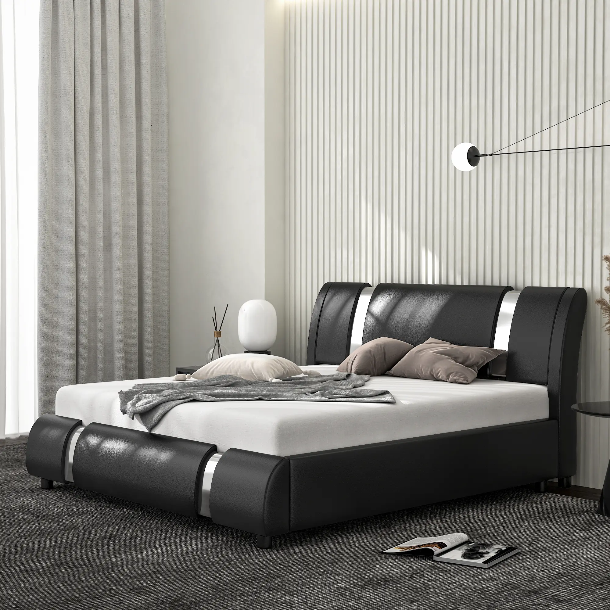 MUTICOR Bed Frame with Modern Iron Pieces Decor,【Frame Only No Mattress】 Faux Leather Platform Bed with Curved Adjustable Headboard, Wood Slat Support, No Box Spring Required#TikTokShopDealsforYouDays#DealsforYouDays#Summervibes#Summergarden