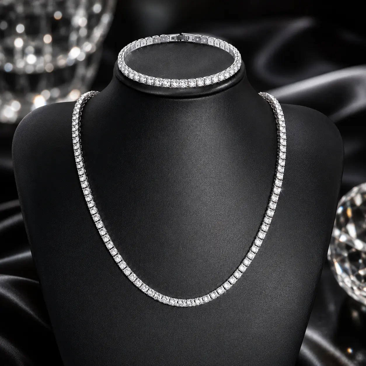 Tennis Necklace Bracelet Jewelry Sets 14K White Gold Plated 5mm Round Cubic Zirconia Bracelet and Necklace Sets for Women and Men