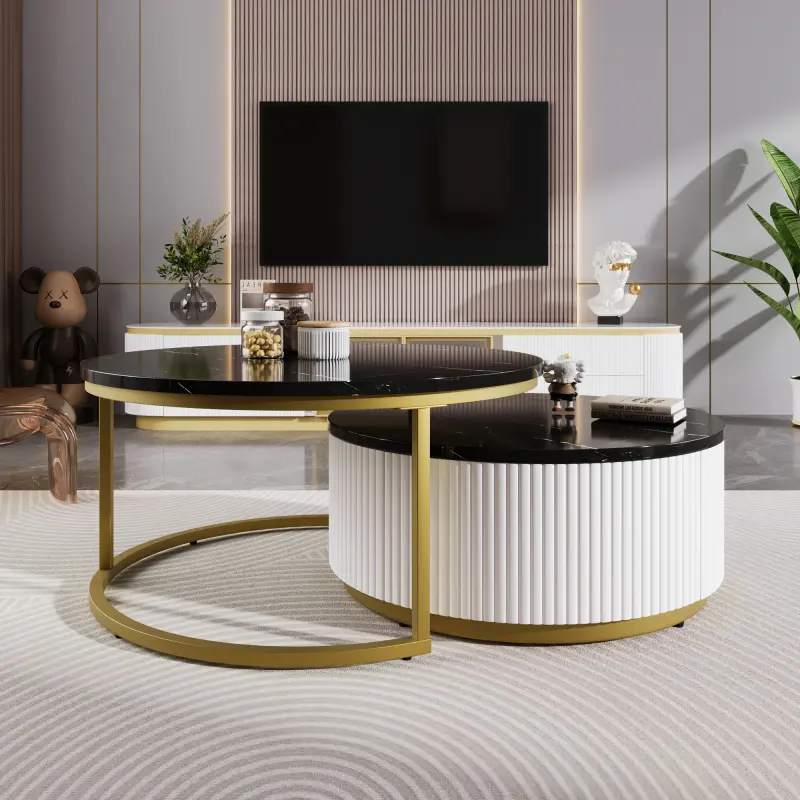 Bellemave Modern Round Fluted Nesting Coffee Table Set - Modern Furniture with Drawer, Fluted Base, Black & Gold Finish, 27.6" Foldable MDF Top for Tidy Indoor Home Decor