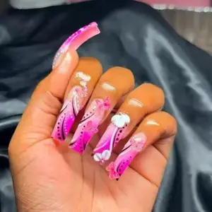20pcs 3D Glossy Gradient Finish Curved Nails, Butterfly Flower Design, Reusable False Nails, Free Jelly Glue & Nail File, Party Ready & Daily Wear