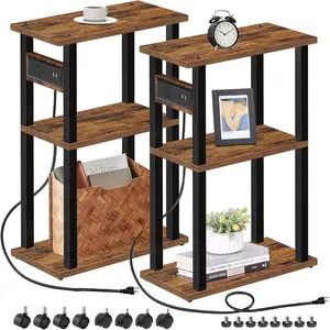 Small Narrow Side Table with Charging Station, Set of 2 Skinny End Table for Small Spaces, Slim Nightstand with USB Ports and Outlet,Sofa Beside Table with Wheels, Brown TB01BB047