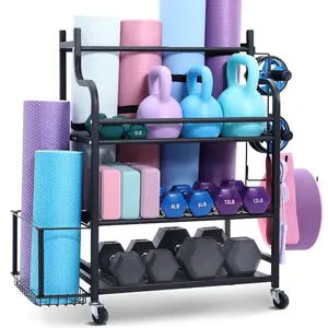 Durable Steel Stand - Powder-Coated Steel Yoga Mat Storage Rack, Easy-to-Assemble Organizer with Wheeled Base, Hooks for Home Gym Use, Holds Dumbbells, Kettlebells, Foam Rollers, Yoga Straps