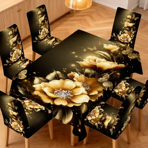 4/5/6/7pcs Golden Blooms and Butterflies Dining Chair Removable Washable Slipcovers And Tablecloth Set, Easy Care & Clean, Fits Home Decor, Living Room, Outdoor Picnics, Restaurant, Party Must-Have, Kitchen, Nice Gift