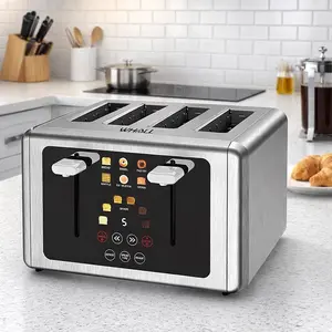 【NewYear2026】WHALL Toaster 4-Slice with Touch Screen, Stainless Steel Digital Toaster with Dual Control Panels, 6 Shade Settings & 6 Bread Types, Wide Slots, Bagel & Defrost, Silver