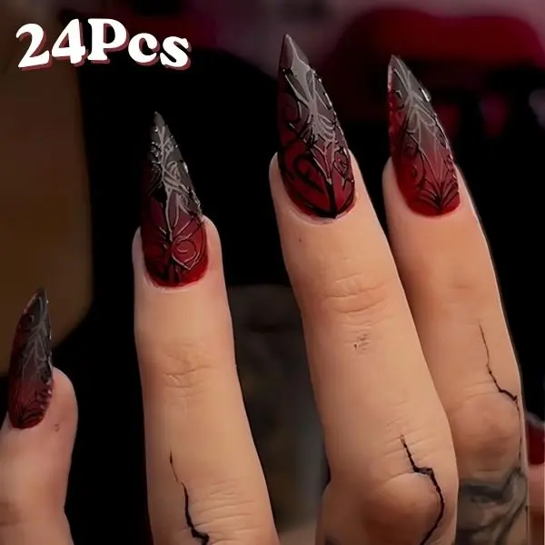 24PCS Halloween Press On Nails Medium Almond Black Red Ombre Fake Nails, 3D Stripe Acrylic Glue On Nails, Full Cover Stick On Nails for Women